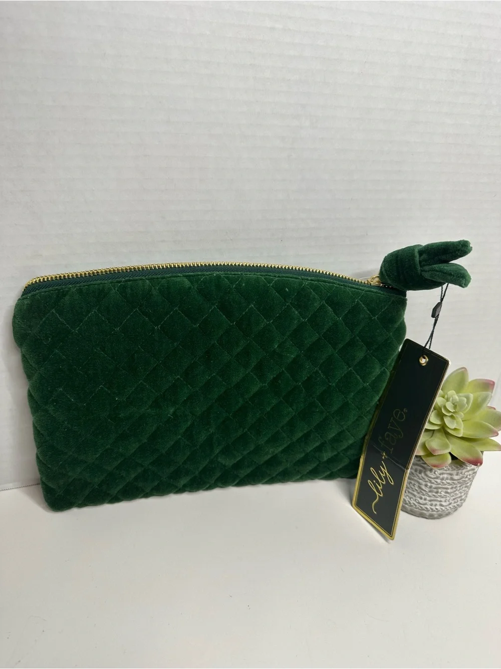 Lily Green Quilted Velvet Cosmetic Pouch with Gold Sequin M
